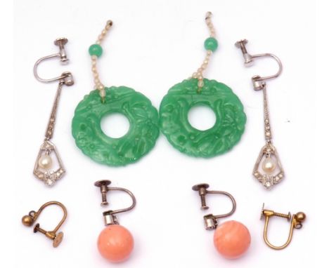 Mixed Lot: pair of diamond and pearl pendant earrings, a pair of antique coral and sphere diamond drop earrings, together wit