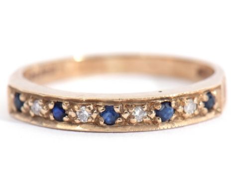 9ct gold sapphire and diamond half eternity ring, alternate set with 5 round faceted sapphires and 5 single cut diamonds to a