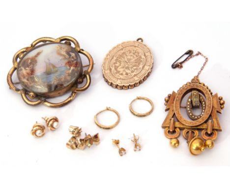 Mixed Lot: pair of 9ct gold hoop earrings, antique back and front engraved locket, Victorian gilt metal Etruscan brooch, a la
