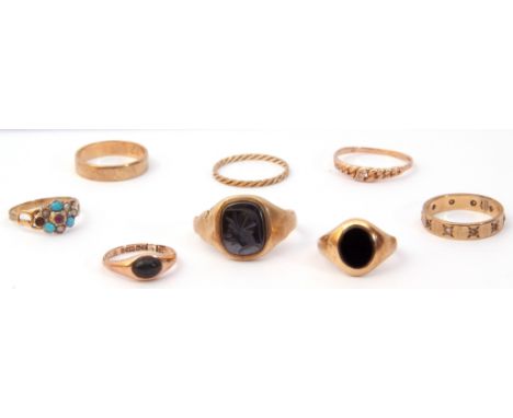 Group of five 9ct gold rings, 2 yellow metal rings, together with a gilt metal ring, 13.8gms gross weight (8)