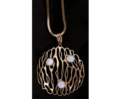 Large 9ct gold stylised open work pendant featuring 3 round cabochon opals in bezel mounts, open to reverse, Birmingham 1975,