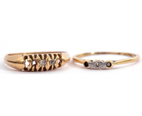 Mixed Lot: a diamond ring featuring 2 small diamonds (3 missing), 18ct, Chester 1909, together with a precious metal ring wit