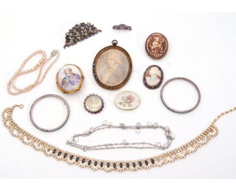 Mixed Lot: porcelain brooch, framed photograph portrait, necklaces, bangles etc   