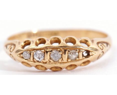 18ct gold four stone diamond ring of boat shape, featuring 4 graduated old cut diamonds (one missing), individually claw set 