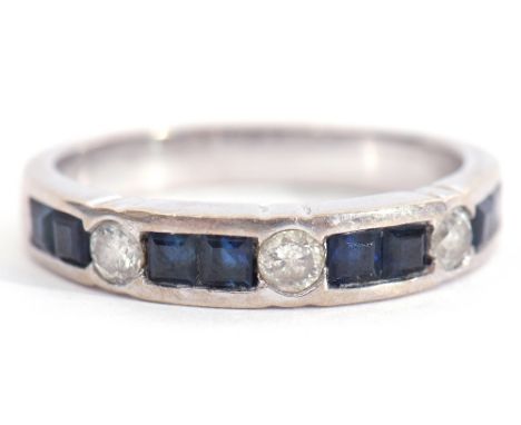 Precious metal, sapphire and diamond set half eternity ring (part hoop), comprising 4 groups of 2 square set cut sapphires, i
