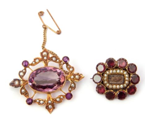 Mixed Lot: Georgian mourning brooch with garnet and seed pearls, the plaited hair centre within a seed pearl surround, framed