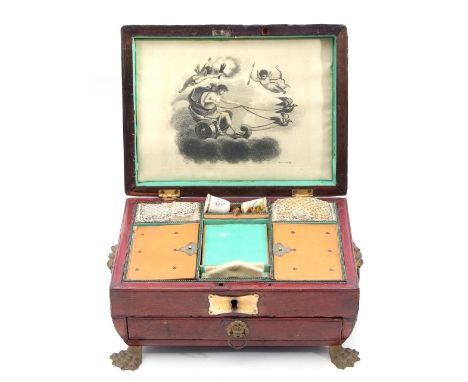 Regency brass mounted red leather sewing box, the fitted interior with two porcelain thimbles, one bird decorated by Worceste