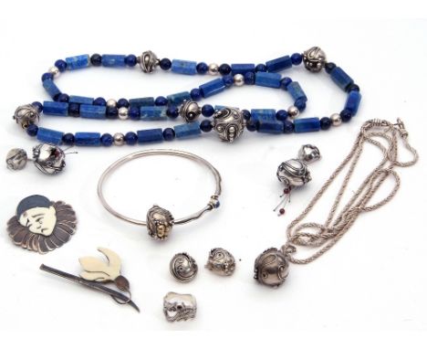 Mixed Lot: Lucy Copleston jewellery to include lapis lazuli and white metal necklace, pair of bauble drop earrings, bracelet,
