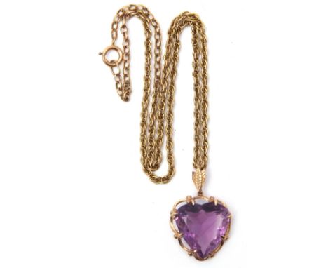 Large amethyst heart shaped pendant, 23mm x 23mm, multi-claw set in a yellow metal scroll and bead mount, suspended from a 9c