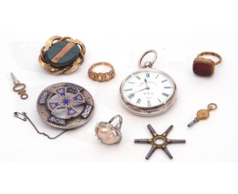 Mixed Lot: silver open faced pocket watch, London 1896, the enamelled dial marked W R Ainter and dated 1906, 9ct gold five st