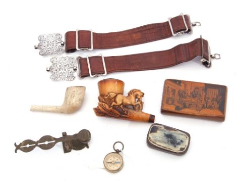 Mixed Lot: pair of vintage sovereign scales, two pipes, two snuff boxes, a gilt compass and two leather and metal straps