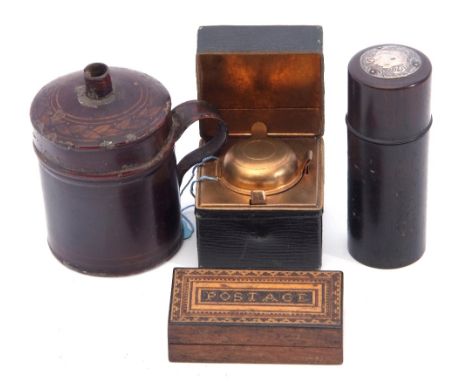 Mixed Lot: vintage Toleware portable candlestick together with a leather cased travelling inkwell, a Tonbridge ware stamp box