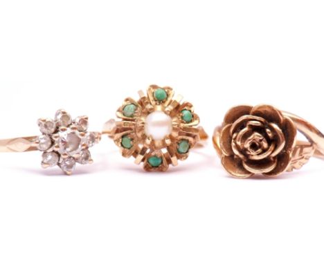 Mixed Lot: 9ct gold rose head ring, a 9ct gold seed pearl and turquoise cluster ring together with a 9ct paste cluster ring, 