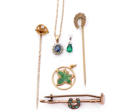 Mixed Lot: 9ct gold and turquoise brooch, a horseshoe and riding crop design, Birmingham 1900, a yellow metal and enamelled l