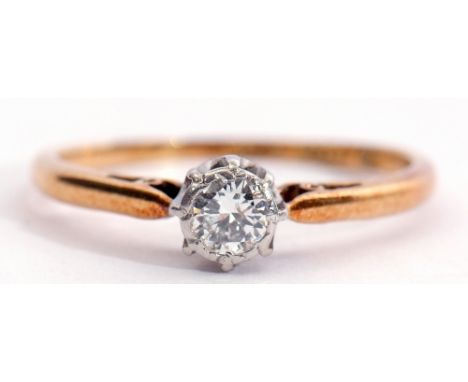 Diamond single stone ring featuring a brilliant cut diamond, 0.15ct approx, raised in a coronet setting in upswept plain poli