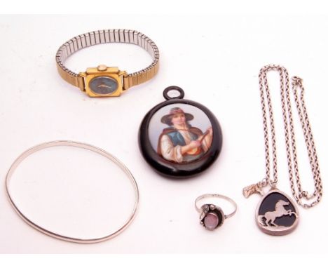 Mixed Lot: vintage oval porcelain hand painted locket depicting a young musician, a lady's Oris wrist watch, an onyx and silv