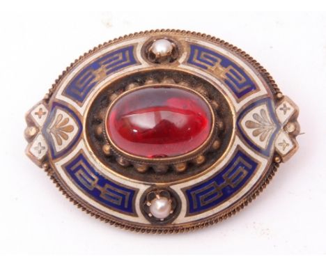 Victorian oval brooch, the centre with an oval cabochon red stone within a blue and white enamel and pearl surround, verso a 