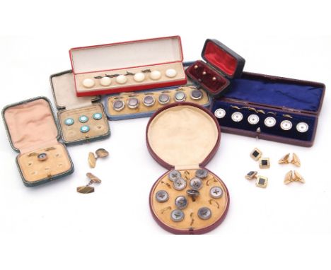 Mixed Lot: to include three vintage cased mother of pearl dress studs, an abalone shell set, four blue enamel and metal butto