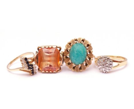Mixed Lot: three yellow metal dress rings, blue hardstone, paste and citrine set together with a paste set cross-over ring, s