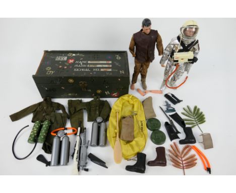 Palitoy - Action Man - 2 x painted hair figures and a kit locker, one in an incomplete Astronaut outfit and one with broken a