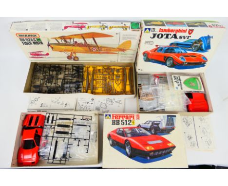 Aoshima - Matchbox - 3 x boxed models kits, De Havilland Tiger Moth in 1:32 scale # PK-505, Ferrari BB512 in 1:20 scale # SC-