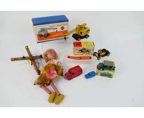 Dinky - 3 x boxed models, 2 x unboxed vans and an unboxed puppet, includes Mini Moke # 342, Gabriel Ford Model T # 109, Troja
