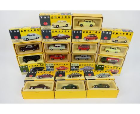 Vanguards - 12 boxed diecast 1:43 scale model vehicles from Vanguards. Lot includes Vanguards VA1008 'Yellow' Anglia; VA25000
