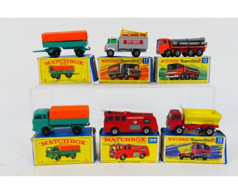 Matchbox - 6 x boxed models, Mercedes truck # 1, Mercedes trailer # 2, Mercedes scaffolding truck # 11, Ford gritter lorry # 