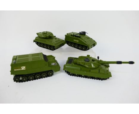 Dinky - 4 x unboxed Military models, UFO Shado 2 with green roof, green rollers and white interior # 353, Chieftain Tank # 68