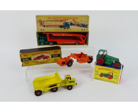Matchbox - 3 x boxed models and 1 x unboxed, Allis Chalmers earth mover # K-6, Aveling Barford road roller # K-9, Guy car tra