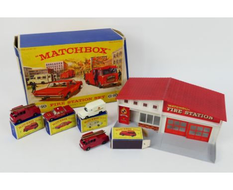 Matchbox - A rare boxed 1965 Fire Station Set # G-10. The set comes with 2 x boxed Merryweather Marquis Fire Engines with gol