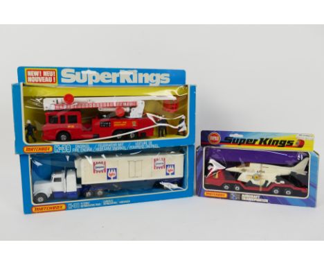 Matchbox Super Kings - 3 x boxed models, Peterbilt Refrigeration Truck # K-31, ERF Snorkel Fire Engine # K-39 and Aircraft Tr