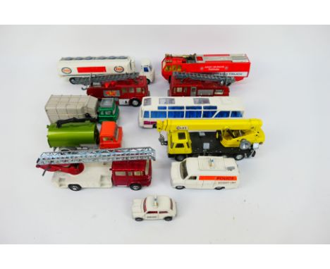 Dinky - 11 x unboxed vehicles including Berliet Turntable Fire Escape # 956, AEC Esso Tanker # 945, Vega Luxury Coach # 952 a