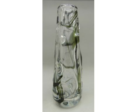 A 1970's Whitefriars streaky green knobbly lamp base vase by William Wilson and Harry Dyer, pattern 9612, height 25cm