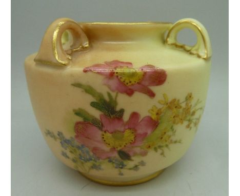 A Royal Worcester blush ivory pot with four handles, 1903, shape 991, height 7cm