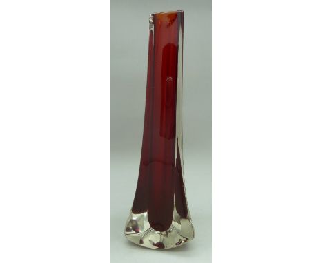 A 1960's Whitefriars ruby red tricorn cased vase by Geoffrey Baxter, pattern number 9570, height 23cm