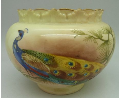 A Locke & Co. Worcester vase decorated with a peacock, signed J. Lewis, height 8cm