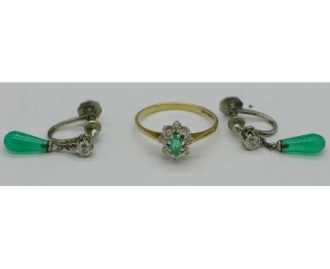 A 9ct gold, emerald and diamond ring and a pair of drop earrings with screw backs, weight of ring 1.5g, size O