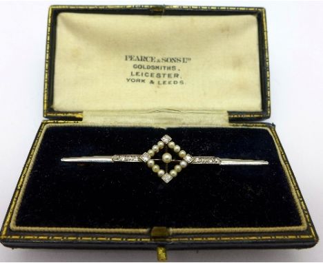 A 15ct gold, platinum set, Art Deco style diamond and seed pearl brooch, weight 3.7g