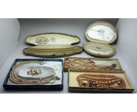 Five boxed simulated pearl necklaces