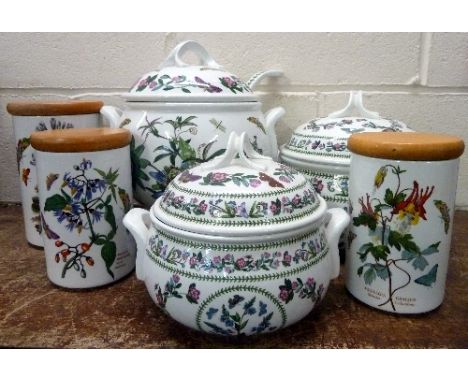 Three Portmeirion lidded tureens, one with ladle, and three storage jars