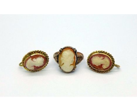 A 9ct gold cameo ring and earrings, weight 6.2g, ring size I