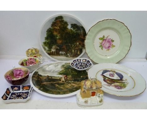 Two Staffordshire fairings, two Derby dishes, a/f, four plates, etc.