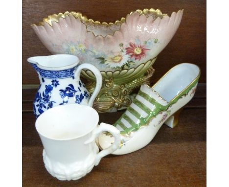 A Doulton Lambeth Art Union of London centrepiece, a/f, a Dresden slipper and two Coalport jugs, a/f
