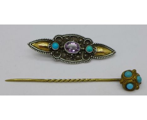 A silver brooch with 18ct gold decoration, a/f and a turquoise stick pin