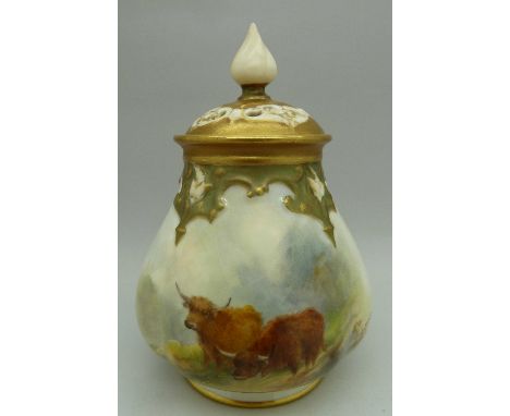 A Royal Worcester pot-pourri with pierced gilt cover and Highland cattle scene, signed H. Stinton, 1918, shape 291H, height 1
