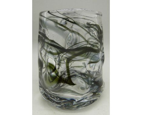 A 1970's Whitefriars streaky green knobbly lamp base vase by William Wilson and Harry Dyer, pattern 9608, height 13cm
