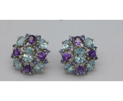 A pair of 9ct white gold, topaz and amethyst earrings, weight 5.4g