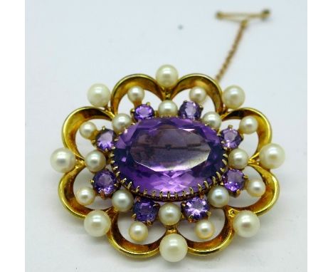 A yellow metal, amethyst and opal brooch, width 41mm