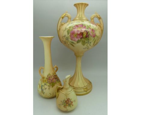 Three Royal Worcester blush ivory vases, 2303 height 24.5cm, 1939 height 16.5cm and 1668 height 8.5cm